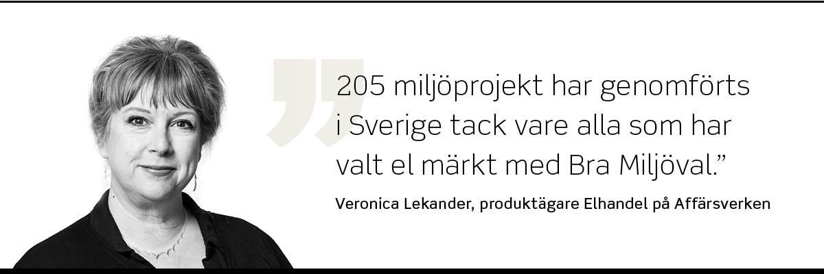 Foto på Veronica Lekander, produktägare Elhandel på Affärsverken, som säger: "205 miljöprojekt har genomförts i Sverige tack vare alla som har valt el märkt med Bra Miljöval."