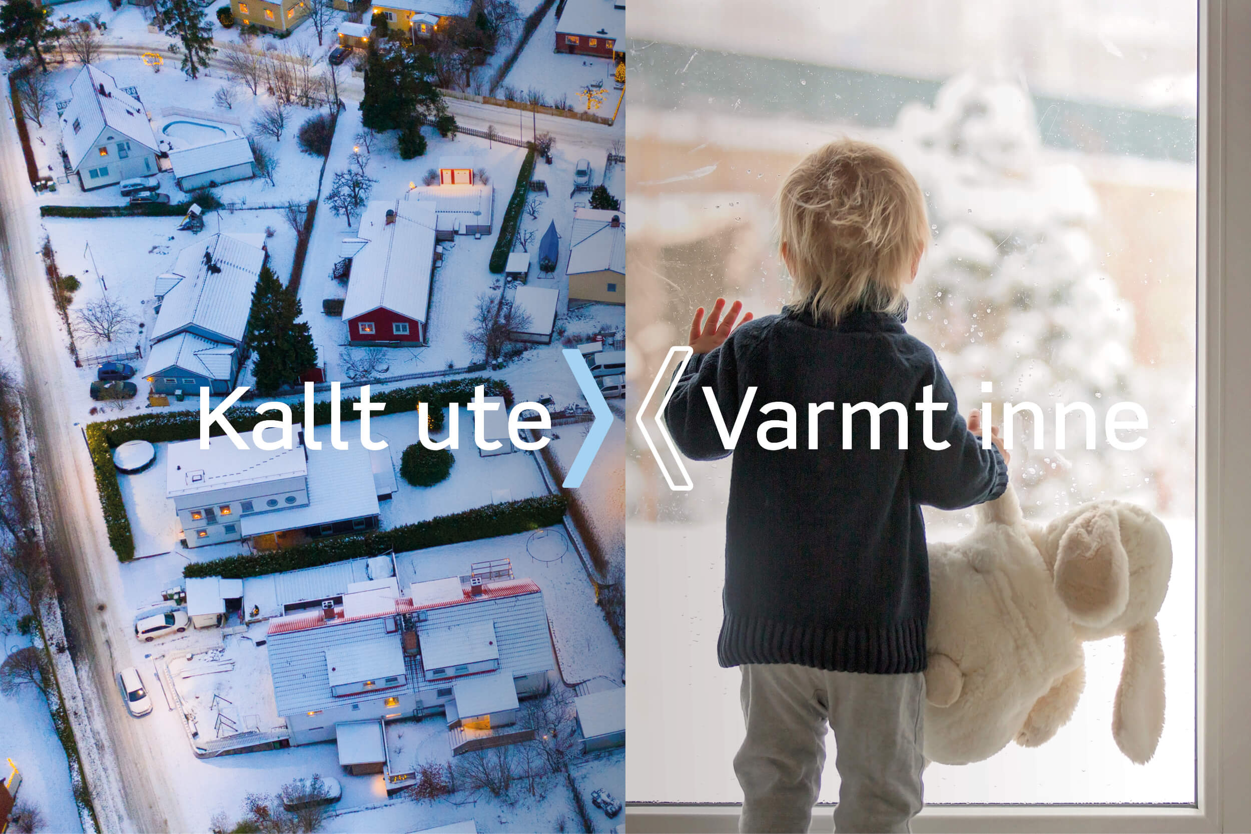 Bildkollage: Ett flygfoto på ett villaområde i vinterlandskap samt foto på person vid fönster inomhus.