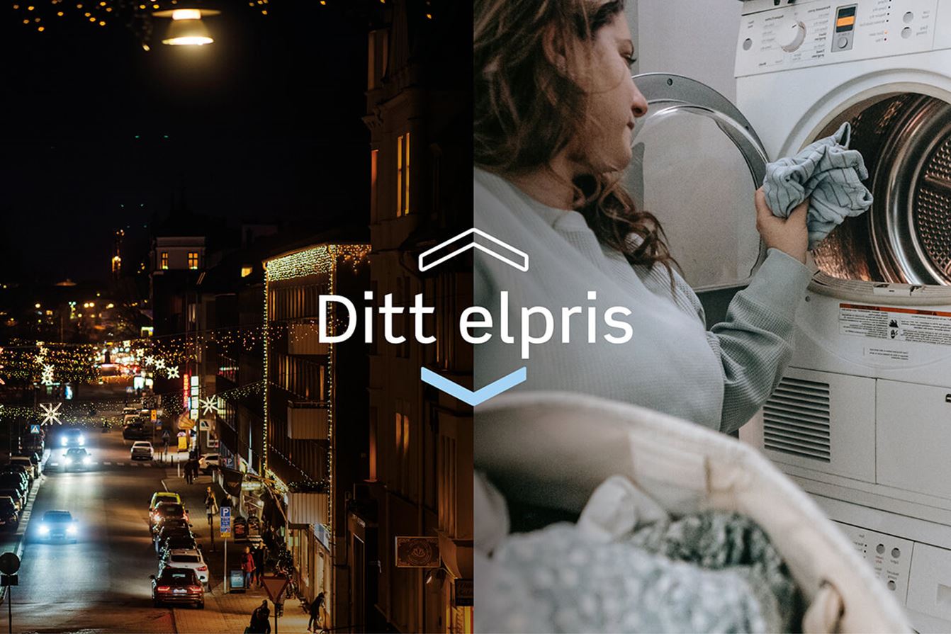 Delad bild. Till vänster en upplyst stadsgata på kvällen med trafik och julbelysning. Till höger en person som lägger tvätt i en torktumlare. Texten ”Ditt elpris” visas i mitten.