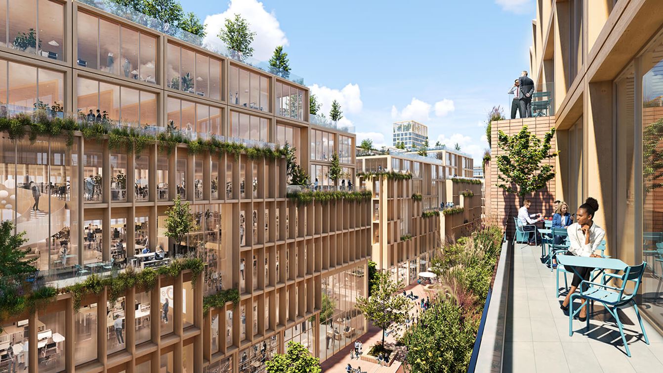 Visionsbild över Stockholm Wood City av Henning Larsen på Atrium Ljungberg.